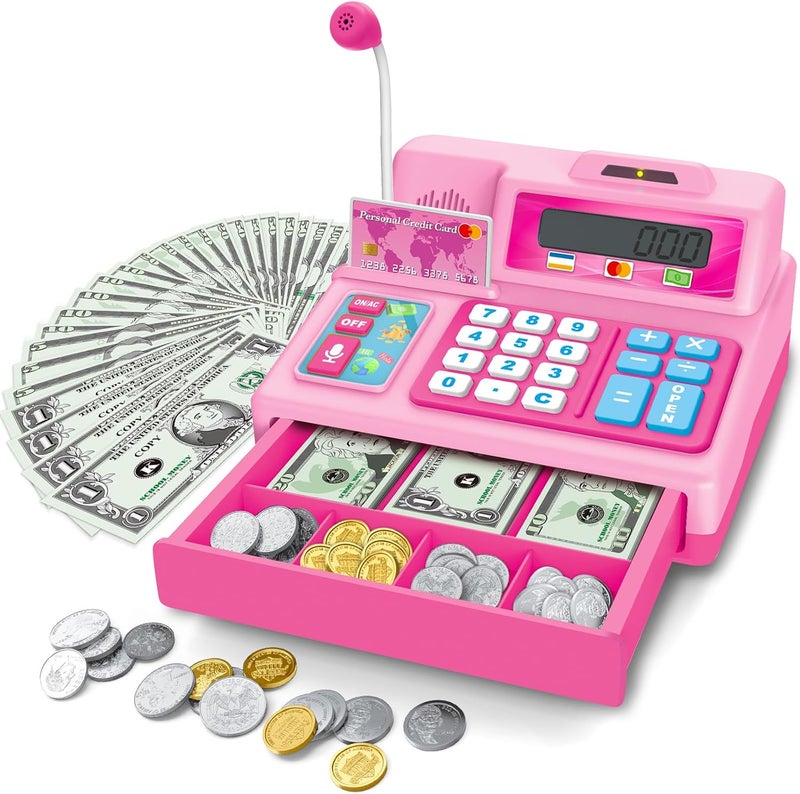 BAODLON Calculator Cash Register - 103 Pcs Pink Toy Cash Register, Microphone, Credit Card and Banking for Kids, Early Math Skills Toys Gifts for 3, 4, 5, 6 7 8+ Years Old Boys Girls - Image 1